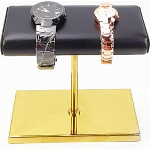 T-Bar Watch Bracelet Necklace Jewelry Display Stand for Home Organization, Black PU Leather with Golden Metal Base