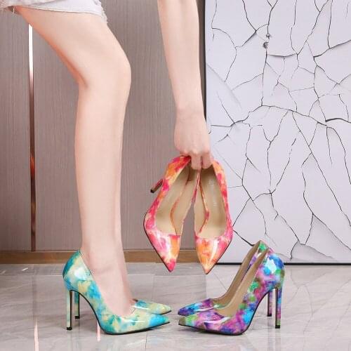 Tikicup Hawaii Style Women Oil Painting Printed Patent Pointed Toe High Heels Fashion Ladies Stiletto Pumps Large Size 35-45
