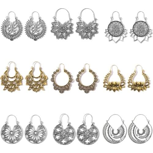 Tocona Vintage Antique Flowers Hoop Earrings for Women Gold Silver Color Alloy Metal Geometric Drop Earring Jewelry Pendiente