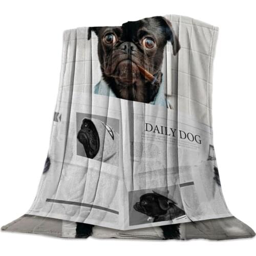 Animal Pug Reading Newspaper Funny Throw Blanket Warm Microfiber Blanket Bedroom Sofa Supplies Blankets for Beds