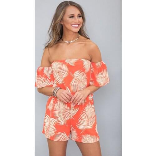 BYUAN 2018 Fashion Womens Playsuits Summer Sexy Off Shoulder Shorts Feathers Print Playsuits and Jumpsuits Ladies Clothing