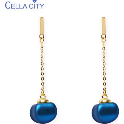 Cellacity Simple Long style Ear drops Silver 925 Jewelry Geometry Blue Gemstones Earrings for Women Temperament Gold Color Gift
