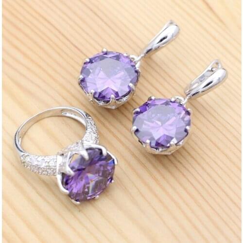 925 Sterling Silver Bridal Jewelry Set for Women Round Amethyst Crystal Ring Earrings for Women Valentine’s Day Gift