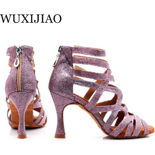 WUXIJIAO 2020 New Latin Dance Shoes Green Pink Gold Glitter Fabric Salsa Dance Shoes Women Ballroom Dance Boots Cuba Dance Shoes