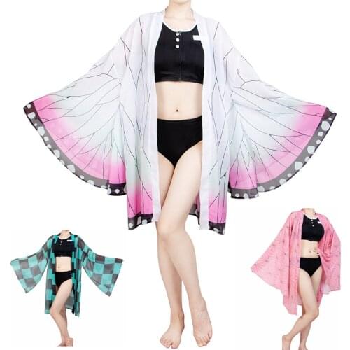 Anime Kimetsu no Yaiba Cosplay Costume Demon Slayer Summer Swimsuit Set Kamado Nezuko Shinobu Halloween Women Cloak Vest Shorts