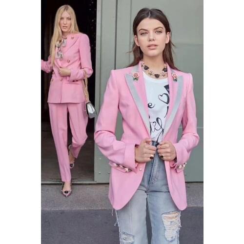 European and American womens 2020latest star stereo three-dimensional rose buckle printing lined pink slim suit jacket
