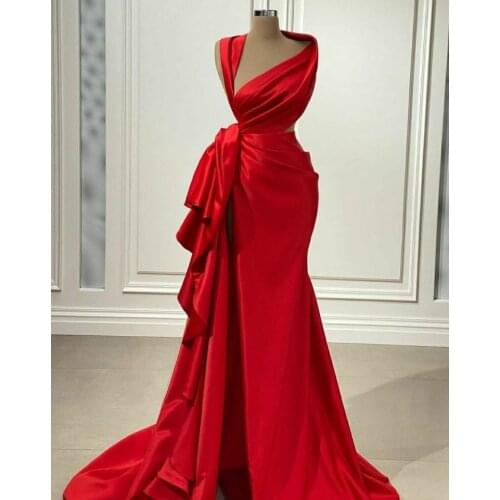 Sexy Long Red Mermaid Satin Evening Dresses with High Slit Floor Length Zipper Back Pleated Formal Party Gowns for Women