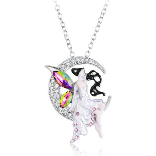 30pcs/lot New Creative Sliver Moon Pendant Necklace For Ladies Crystal Rhinestone Fairy Wings Necklace Fashion Jewelry