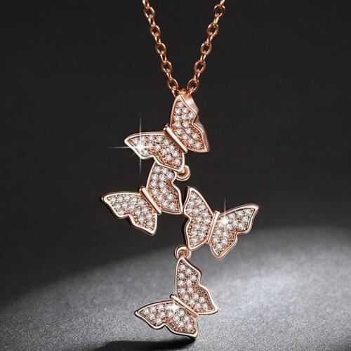 Exquisite Butterflies Tiny Shiny Zirconia Pendant Necklaces Rose Gold Silver Color Chain Choker Fashion Jewelry Gifts For Women