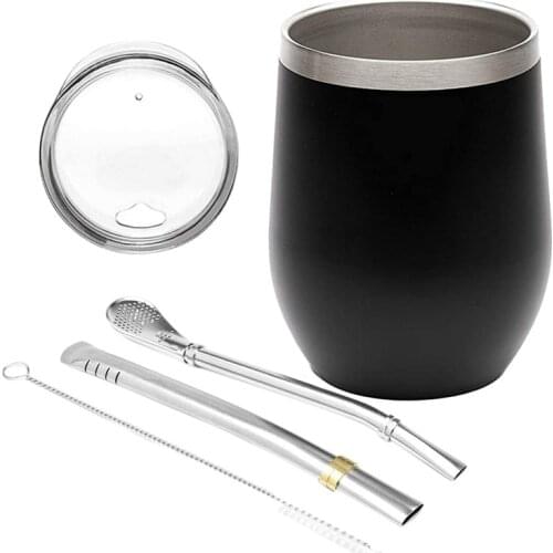 Yerba Mate Gourd Tea Cup Set 12Oz,Double-Wall Stainless Coffee Water Cup with Lid 2 Bombillas Straws Spoon&Brush