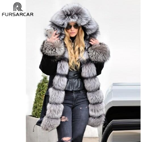 FURSARCAR 2020 Fashion Real Silver Fur Parka Women Winter 80 CM Long Coat With Fox Fur Collar And Cuff Casual Warm Fox Fur Parka