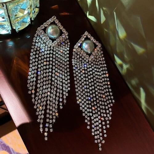 FYUAN Long Tassel Crystal Drop Earrings for Women Bijoux Oversize Geometric Rhinestone Pearl Earrings Statement Jewelry