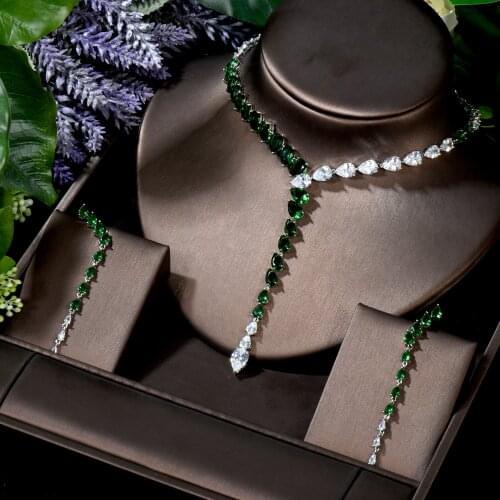 HIBRIDE Fashion Saudi Arabia Necklace Sets for Women Clear Green Cubic Zircon Waterdrop Shape Long Pendientes Earring Set N-1580