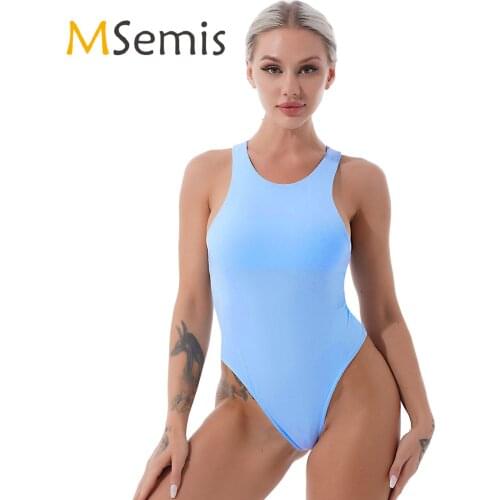 Womens Swimsuit Sexy Summer Pure Color Jumpsuit Round Neck Sleeveless Press Buttons at Crotch Slim Fit Bodysuit for Gym Yoga