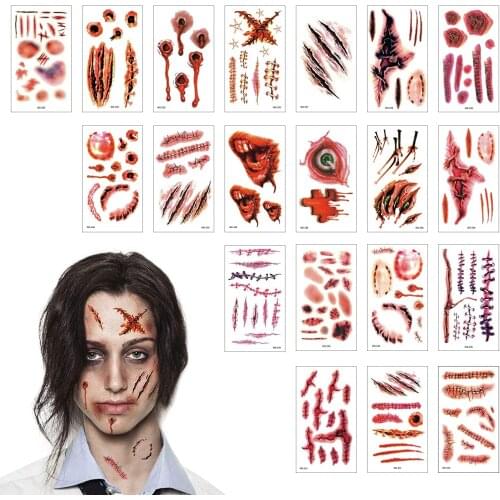 Metable 200 Sheets Halloween Temporary Tattoos Bloody Wound Scars Stickers Horror Stitch Scab Makeup Props Cosplay Party Decor