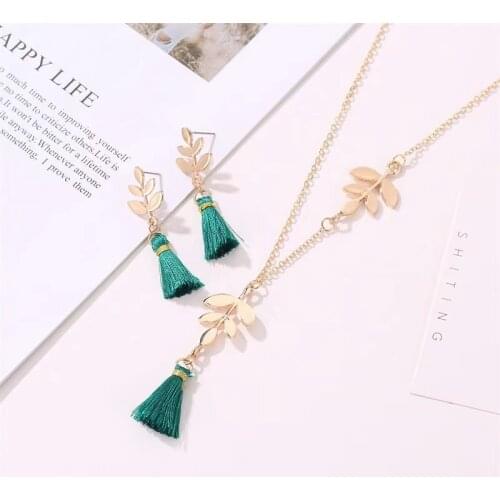 Fashion leaf hookTassels Jewelry Set Handmade Weave green Long Chain Sweater Pendant Necklace earring Sets jewelry for women