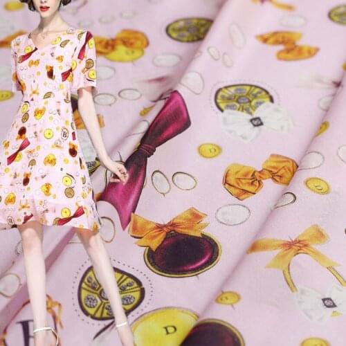 Pearlsilk 12momme Pink Bowknot Printed Crepe de Chine 100% Silk Materials Shirt Dress DIY clothes fabrics Freeshipping