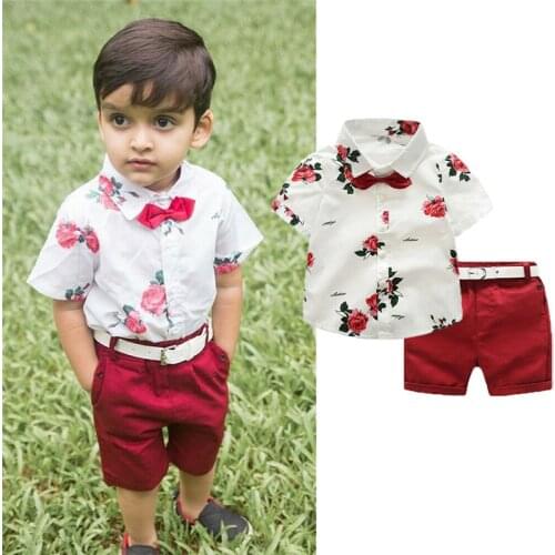 3Pcs Set Toddler Kids Baby Boy Gentleman Flowers Print Shirt White Tops + Belt Red Shorts Childrens Clothes Outfits Set 1-7 Y