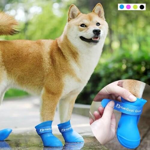 Pet dog rainshoes 4pcs/set silicone antiskid boots waterproof dogs shoes candy colored pet rainy days appear essential boots