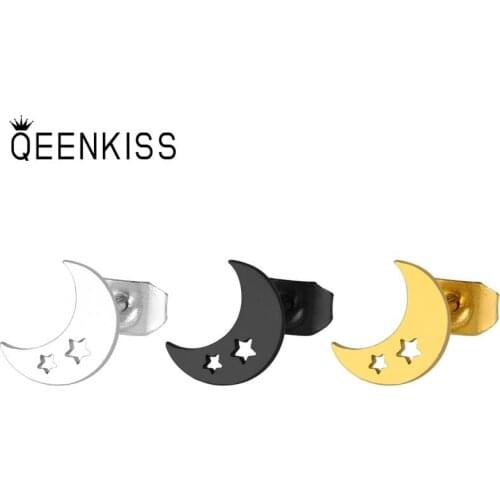 QEENKISS EG862 Fine Jewelry Wholesale Fashion Woman Man Wedding Birthday Gift Moon Star Titanium Stainless Stud Earrings 1PC
