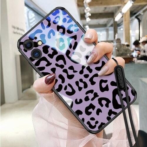 Purple Leopard Painted Tempered Glass lens Protect Cases For iPhone 11 Pro Max 11 pro glass phone case Cover shell + glass film