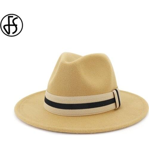 FS Women Men Yellow Pink Wool Jazz Hat Red Winter Warm Bowler Fedora Caps for Ladies Plain Wide Brim Trilby Chapeau with Ribbon