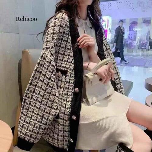 Women Sweater Jacket Oversized Knitted Cardigans Loose Plaid Jumpers Korean Clothing Robe Long Coat Elegant V-neck Knit Cardigan