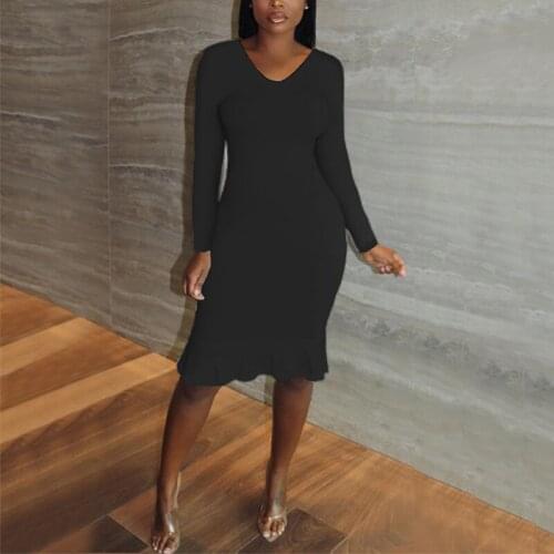 Women Midi Dress Long Sleeve V Neck Solid Color Hedging Frilled Edges Slim Bodycon Dress Casual Fall 2021 New