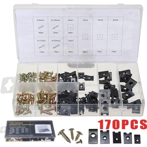 170pcs Phillips Screws + Matching Fender Clips Spring Steel Set With Storage Box Self-tapping U-clips Screws Nuts