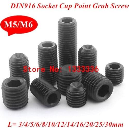 50pcs M5 M6 DIN916 Black Carbon Steel Metric Thread Grub Screws Inner Hexagon Socket Set Screws Headless Bolt
