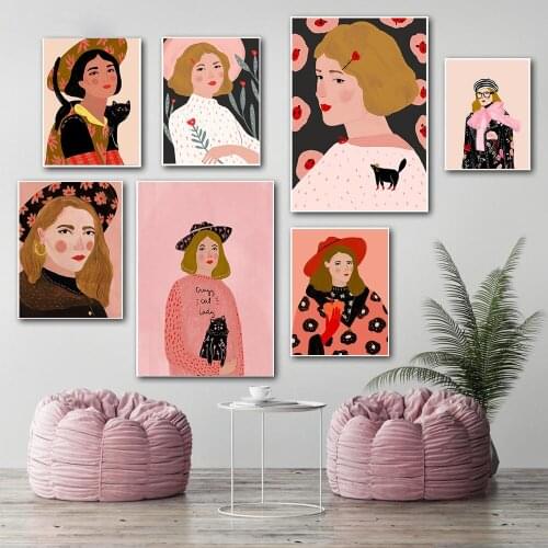 5D diamond painting cartoon pink girl with cat diamond embroidery nordic poster portrait cross stitch kit mosaic home decoration