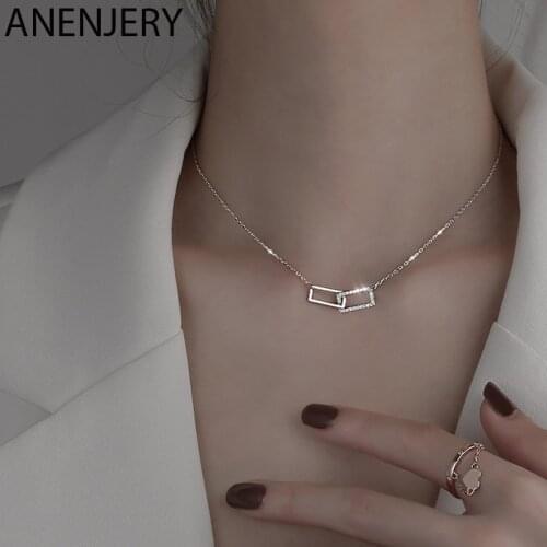 ANENJERY 925 Sterling Silver Interlocking Double Ring Paper Clip Pendant Necklace for Women Clavicle Necklace Jewelry S-N698