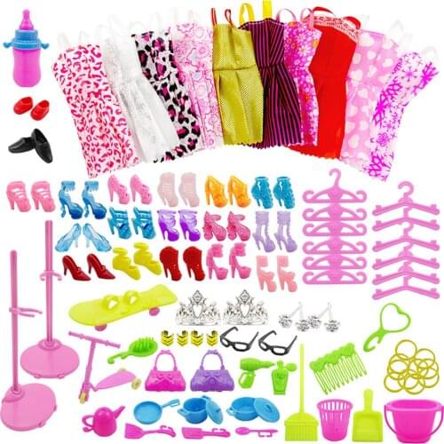 Besegad 103PCS Doll Dress Shoes Accessories Kit Playset Pretend Play Toys for Barbie Dolls Kids Girls Gift Random Style Color