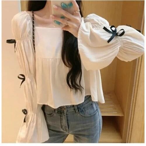 White Chiffon Blouse Women Elegant Sweet Top Casual Loose Designer Bow Long Sleeve Korean Blouse 2020 Autumn Womens Clothing