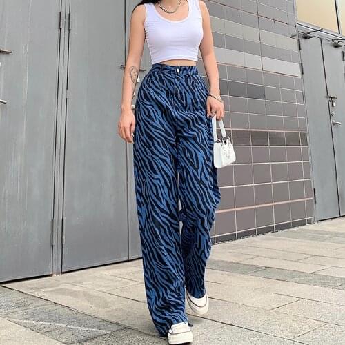 Blue Black Striped Wide Leg Pants Women High Waist Loose Trousers Fashion New Lady Button Cotton Long Pants with Pockets