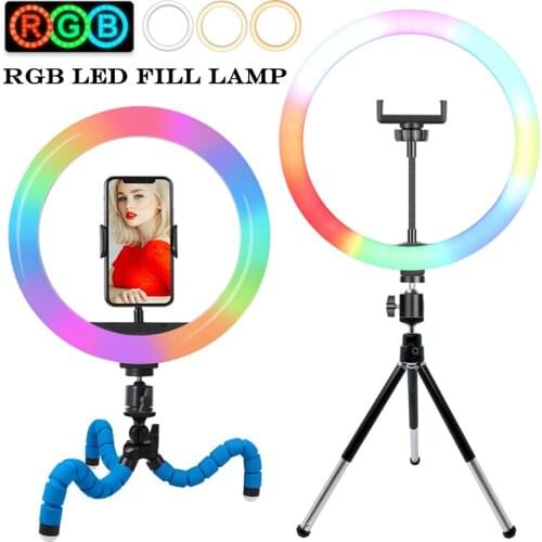 10/12 in RGB Colorful Ring Lamp LED Selfie Ring Light USB Dimmable Photographic Lighting Whit Mini Tripod For TikTok Video Live