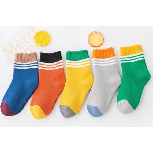 Childrens Terry Socks Winter Cotton Striped Three-Bar Brushed Middle Tube Childrens Socks Wholesale Floor Socks For Children A