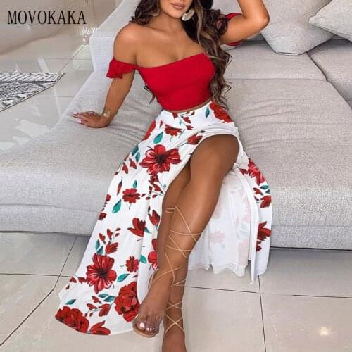 MOVOKAKA 2021 Women Dress Sets Sexy Elegant Rose Leaf Print Long Dress Sets Off Shoulder Tops And Split Skirt Suit Two Piece Set