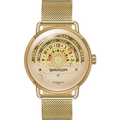 Creative Dial Watch Men Watches Gold Steel Mesh Band Auto Date Waterproof Male Wristwatch Mens Clock Cool Man Mens reloj saat