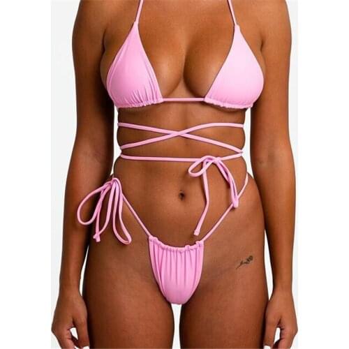 Summer Women Sexy Solid Color Bikini suit Split Swimsuit Set Female BeachwearV-neck Backless Padded Bikini + Lace Up Panties