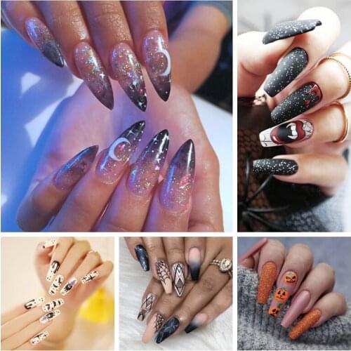 24 Pcs Black Gradient Moon Design Fake Nails Pumpkin Head Skeleton Spider Halloween Press On Nail Tips Manicure Tools Nail Art
