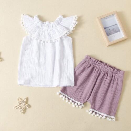 New Girls' Summer Style Ruffled Sleeveless Solid Color Fringed Shorts Two-piece Suit Children Cute Tops Girls Casual Clothes Out