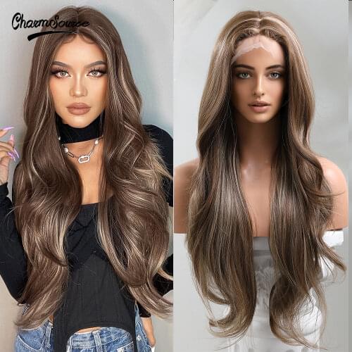CharmSource Synthetic Front Lace Wig Long Wavy Brown Highlights Blonde Wigs for Women Daily Party High Density Heat Resistant