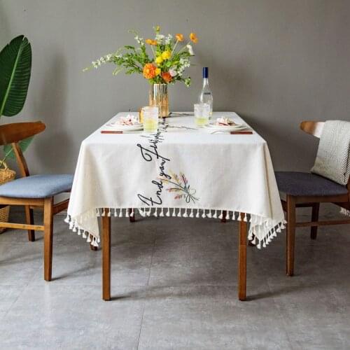 Pastoral Style Home Decor Tablecloth Alphabet Embroidery Flowers Tassel Hem Cotton Linen Dining Table Cloth for Christmas Party