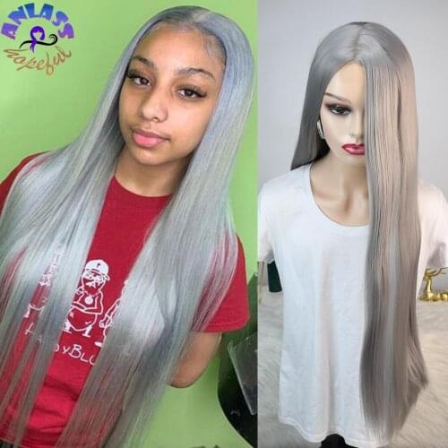 Straight Long Synthetic Grey Wigs For Black Women High Temperature Hair Burgundy Red /Blue Cosplay Wigs Synthetic Hair