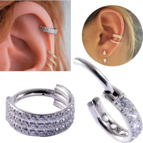 1PC Crystal Cartilage Earring 316L Surgical Steel Carved Zircon Septum Clicker Nose Ring Hoop Segment Ring Daith Ring Piercing