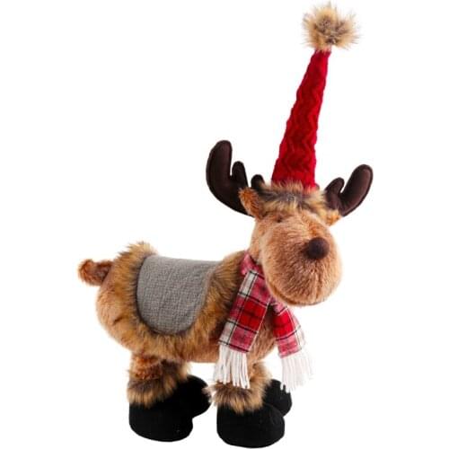 Christmas Large Standing Elk Stuffed Plush Doll with Retractable Legs Knitted Hat Cute Cartoon Reindeer Xmas Decoration