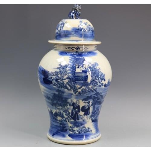 Qing Dynasty Kangxi Blue And White Landscape Figures Lion Head ceramic Ginger jar Pot Antique Crafts Porcelain temple jar