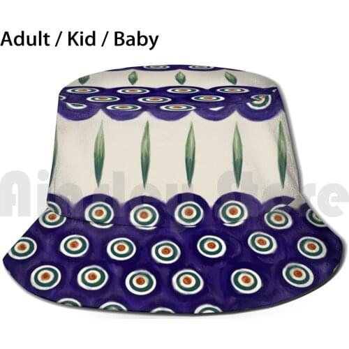 Let’S Polka Sun Hat Foldable UV Protection Polka Poland Pottery Stoneware Glazed Cobalt Blue Folk Art Polish Boleslawiec