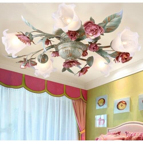 Mediterranean pink flower and grass ceiling lamp living room dining room bedroom Korean idyllic romantic iron rose ceiling lamp